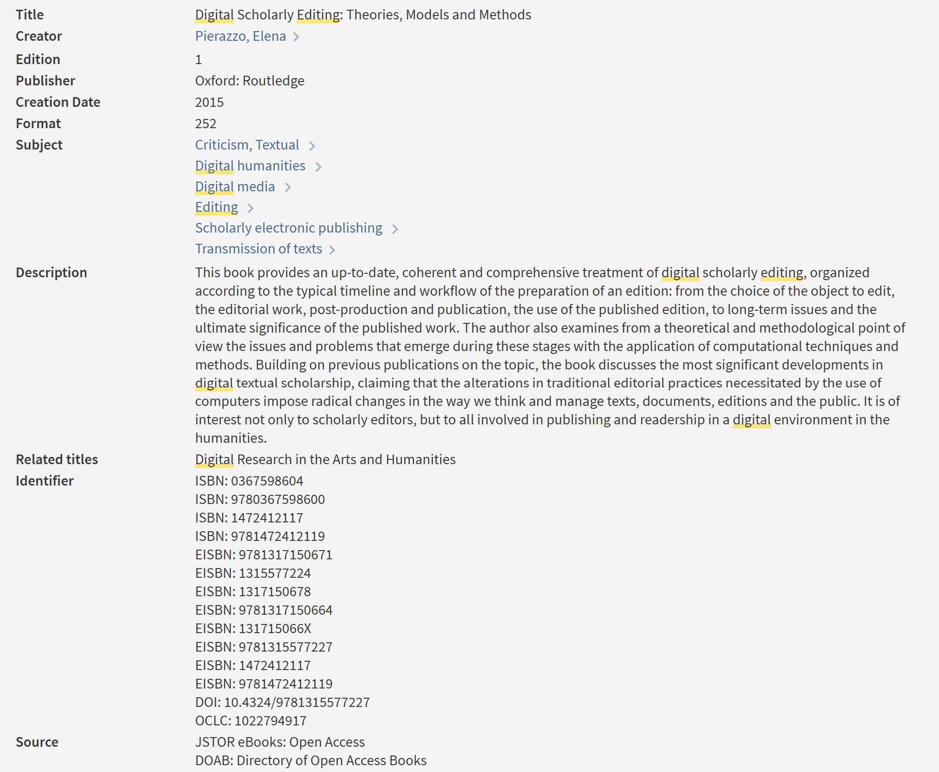 An example of a library catalogue record